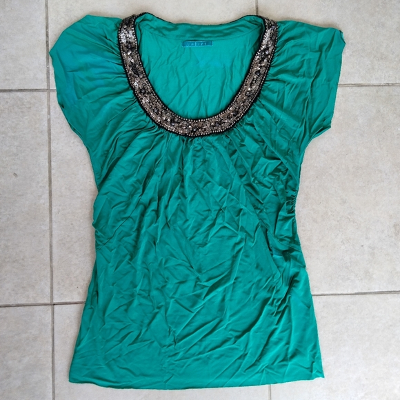 Anthropologie Velvet Brand Emerald Green Embellished Top Size L Made in USA - Picture 1 of 9